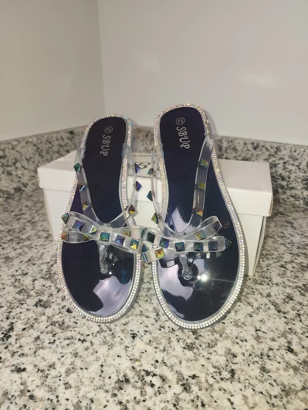 SBUP Jelly Rhinestone Studded Bows Clear Blue Sandals